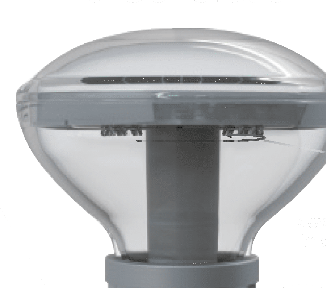 SBL2 Solar Bollard head — asymmetric LED arrangement directed downward beneath the clear dome