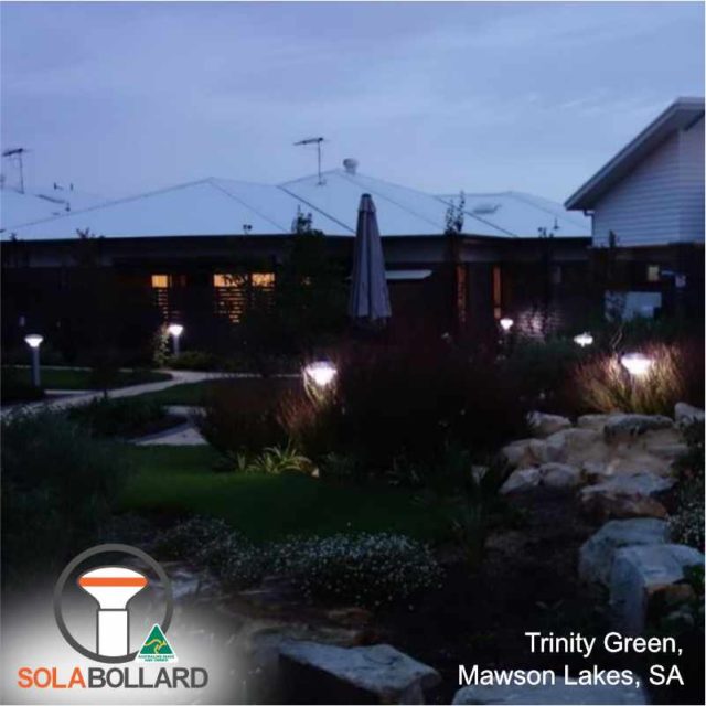 Solar bollards in the gardens and grounds at Trinity Green, Mawson Lakes SA