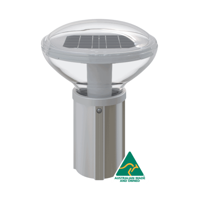 A Solar Bollard light with an Australian Made and Owned logo on it.
