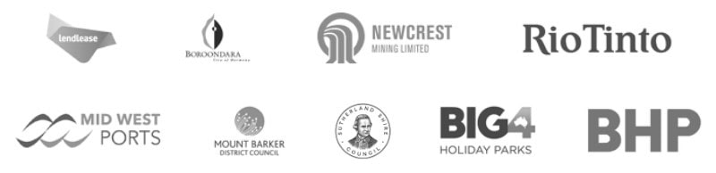 A collection of logos: Lendlease, Box Hill Institute, Newcrest Mining, Rio Tinto, Mid West Ports, Mount Barker District Council, Portland District Health, BIG4 Holiday Parks, BHP.