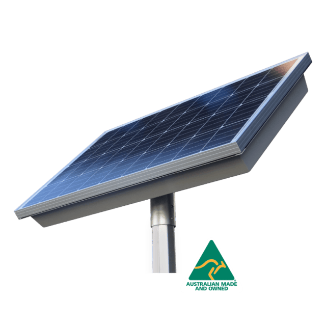 The SOLAENGINE solar panel is mounted on a pole, featuring an "Australian Made and Owned" logo at the bottom.