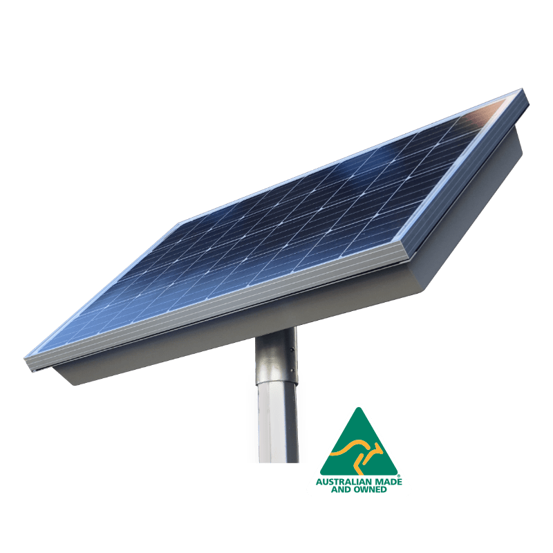 The SOLAENGINE solar panel is mounted on a pole, featuring an "Australian Made and Owned" logo at the bottom.